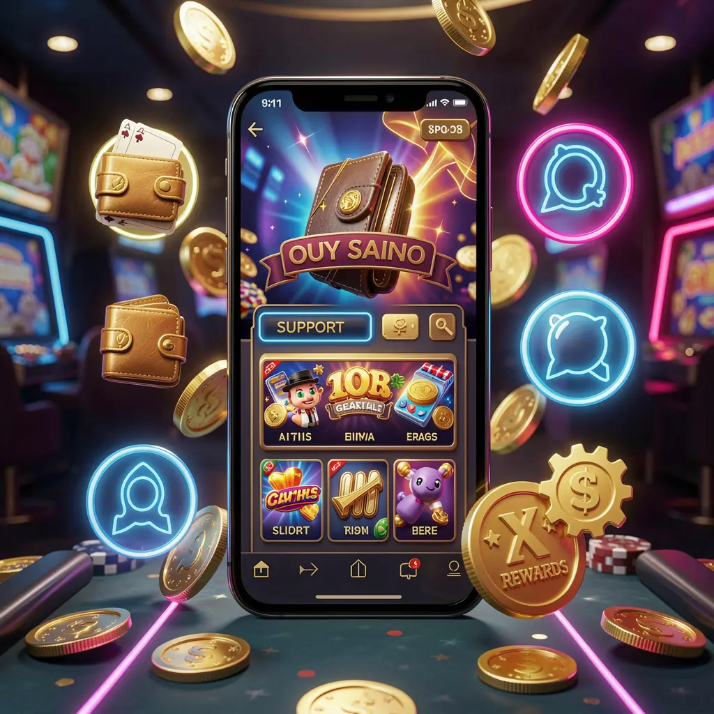 JYJLL online casino app features displayed on a smartphone surrounded by icons for wallet, games, support, and rewards, with golden coins and neon lights in a luxury 3D render