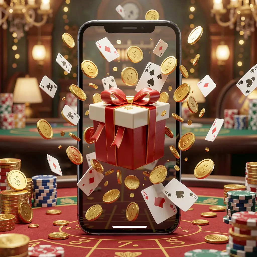 JYJLL mobile casino bonus app concept showing a phone screen with a gift box and coins bursting out in a festive casino atmosphere