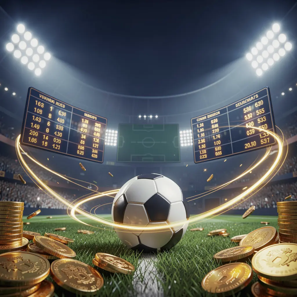 JYJLL sports betting hero banner featuring a football stadium at night with bright floodlights, a soccer ball on green grass, glowing odds panels, golden coins, and dynamic light trails in a premium dark blue and gold cinematic 3D render