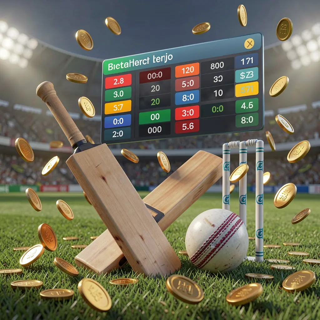 Realistic 3D illustration of a cricket bat, cricket ball, and wickets on stadium grass with floating betting odds interface and golden coins flying, showcasing JYJLL sports betting page visual