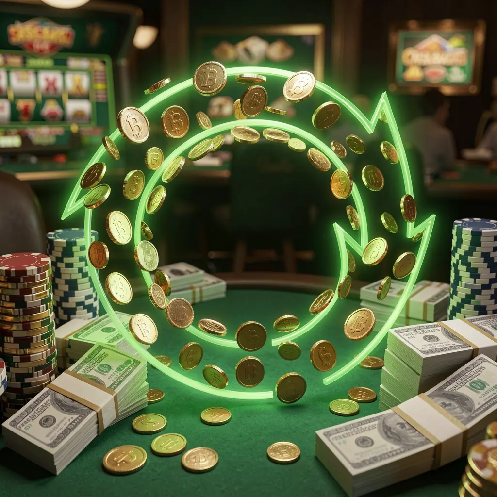 Realistic 3D render of a cashback casino bonus scene featuring JYJLL brand with coins moving in a circular arrow, stacks of chips, and cash bundles glowing in green and gold