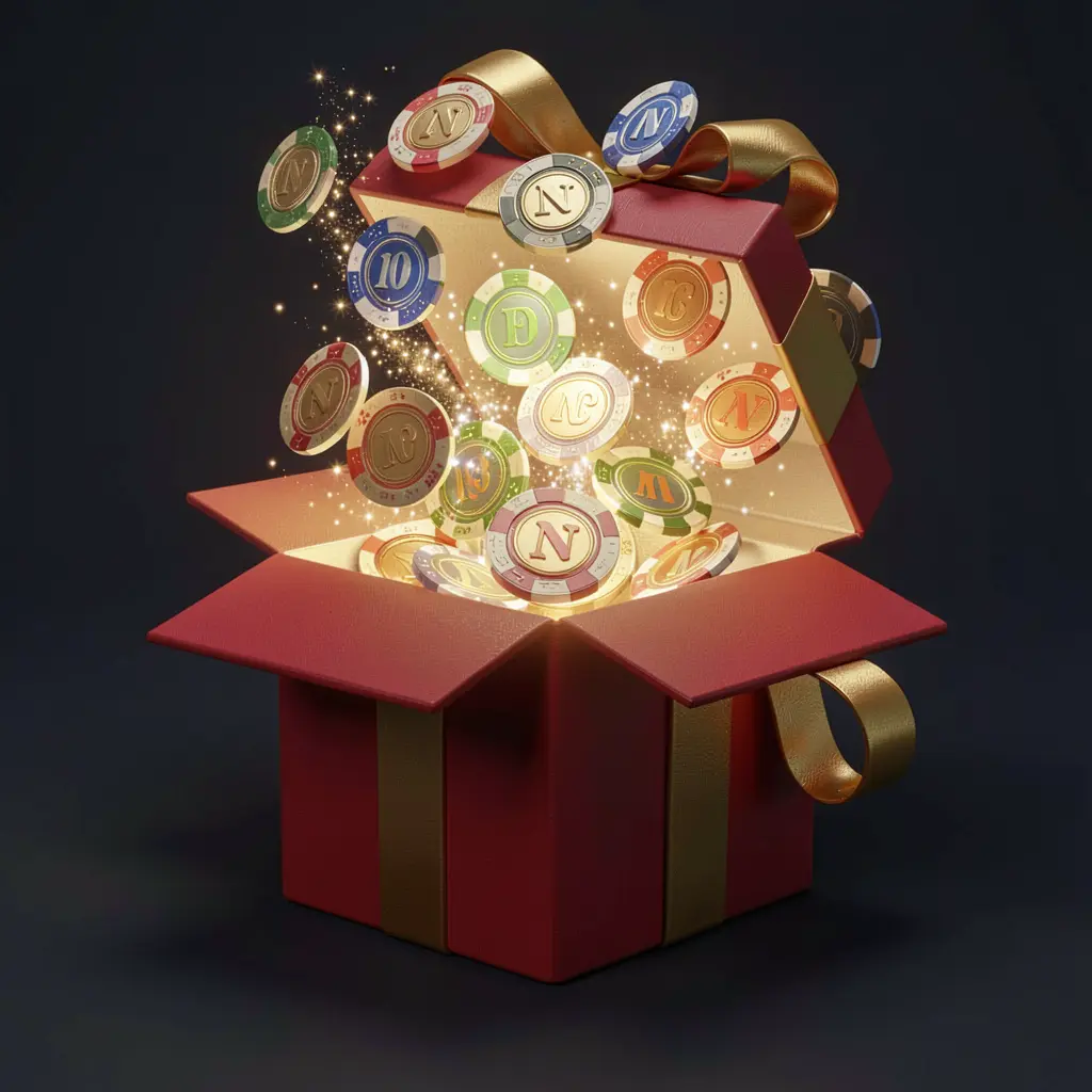 JYJLL no deposit bonus visual showing free casino chips emerging from a glowing gift box with magical sparkles on a dark premium background in a realistic 3D render