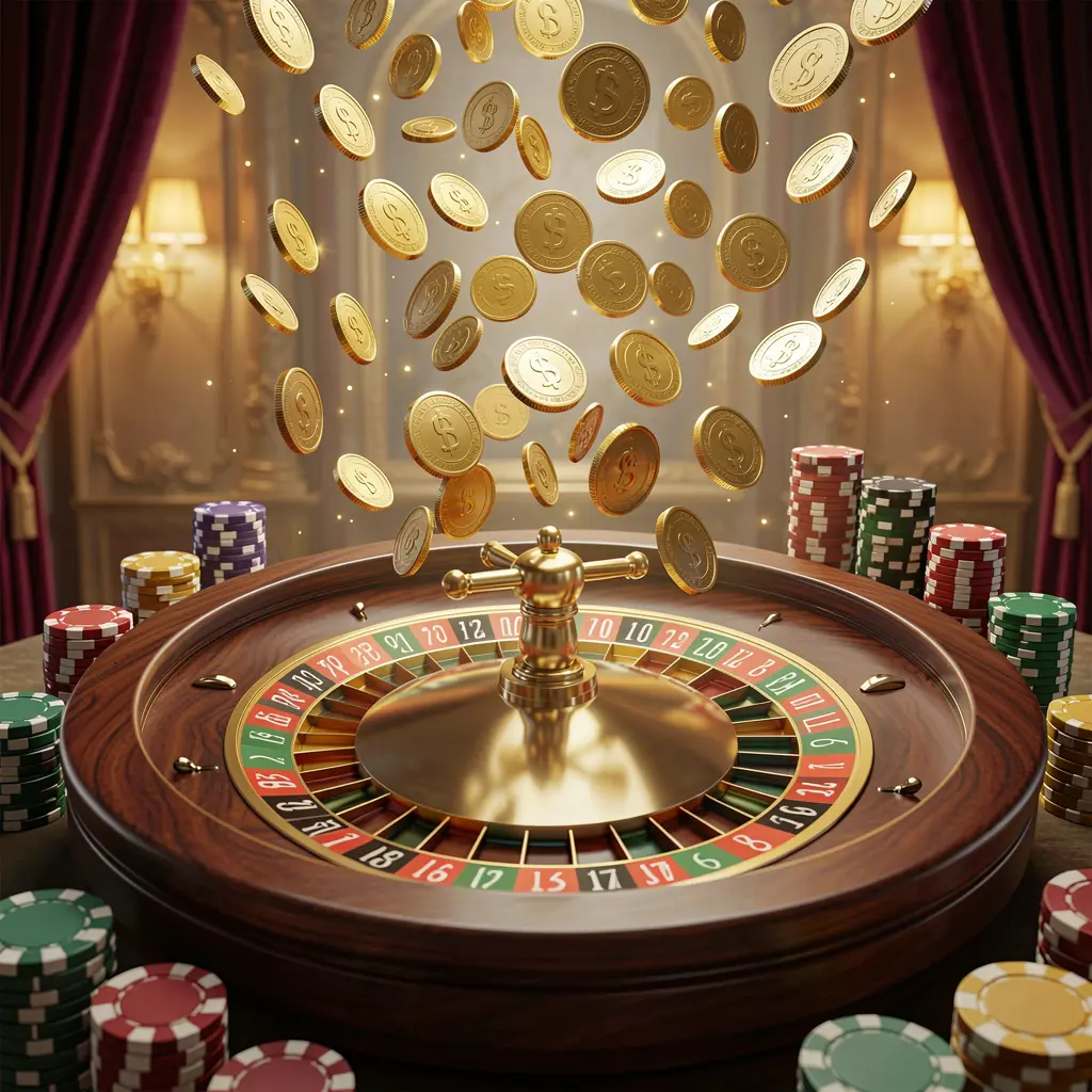 JYJLL premium online casino banner with golden coins raining over a roulette wheel and poker chips against a glowing luxury background in a realistic 3D render