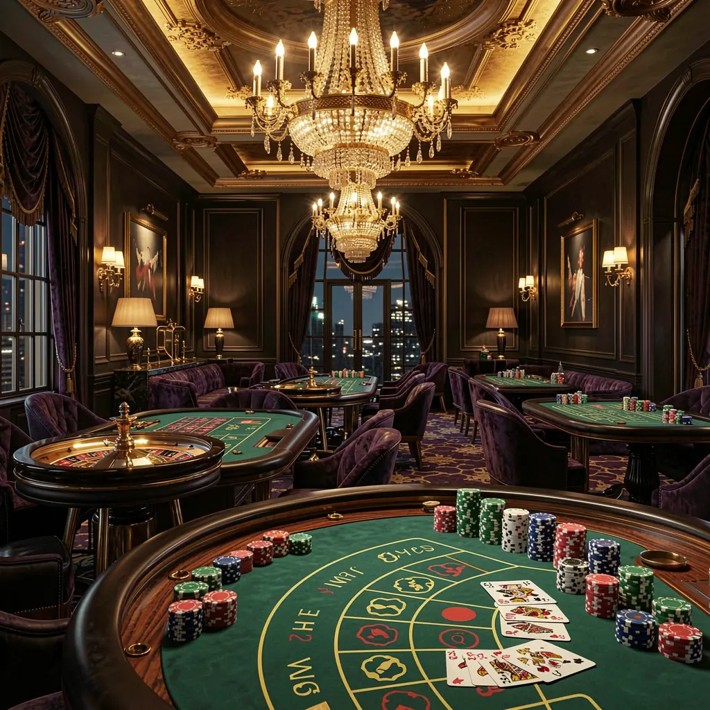 High-end casino lobby with golden lights, roulette tables, chips and cards in an elegant premium design featuring JYJLL branding, set against a dark cinematic background in an ultra detailed 3D render