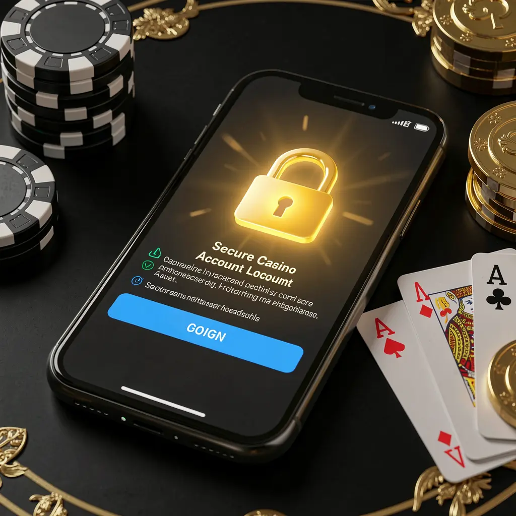 JYJLL secure casino account login concept showing a glowing lock icon on a smartphone screen surrounded by poker chips, playing cards, and golden coins against an elegant black and gold background