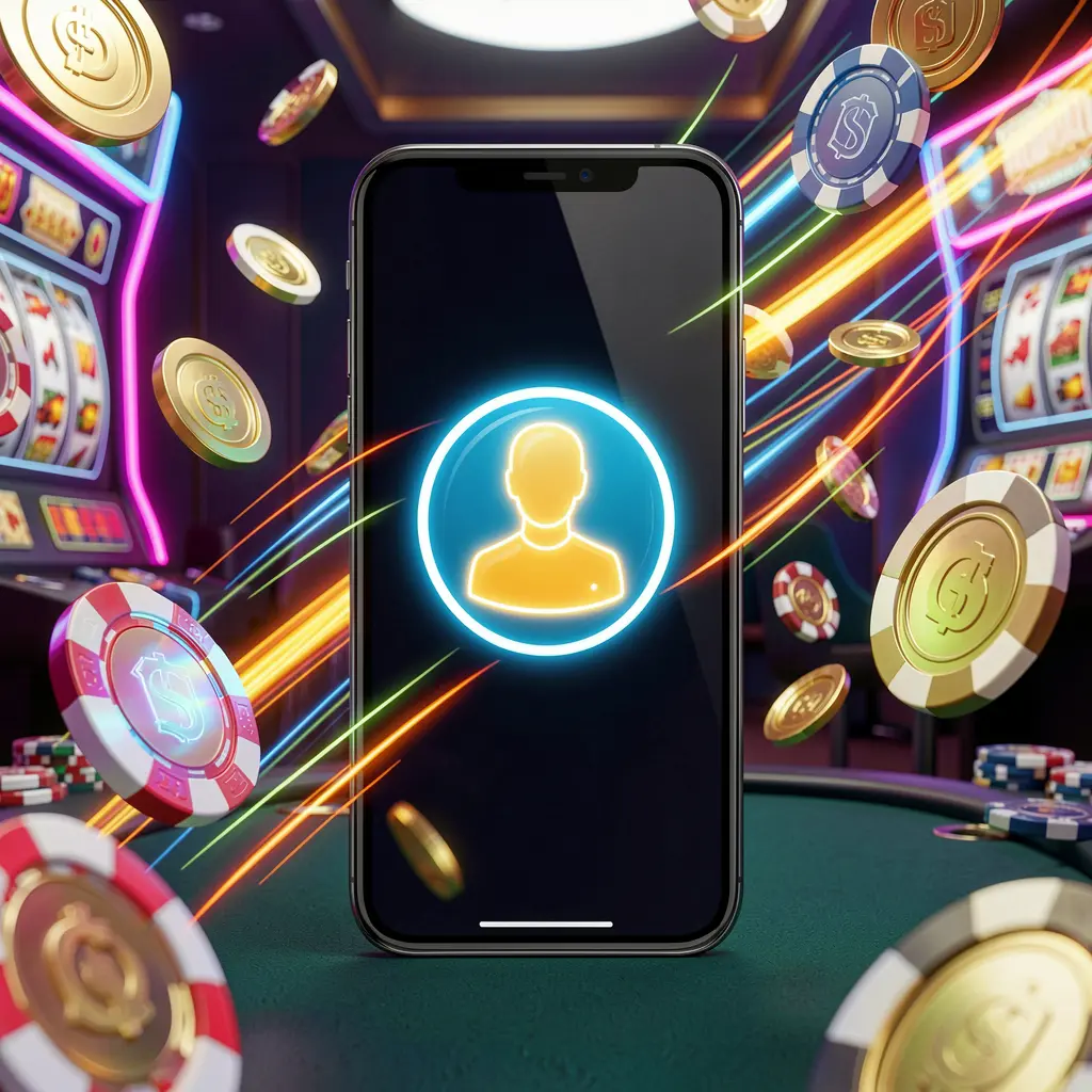 High detail 3D render of a fast casino login banner featuring a smartphone with a bright user icon, speed light trails, and golden coins and chips flying around in a modern neon casino style, showcasing the JYJLL brand